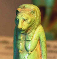 Image suggestive of Cathune Bubastis, an Egyptian cat goddess as taken from Web; original found in Louvre, Paris