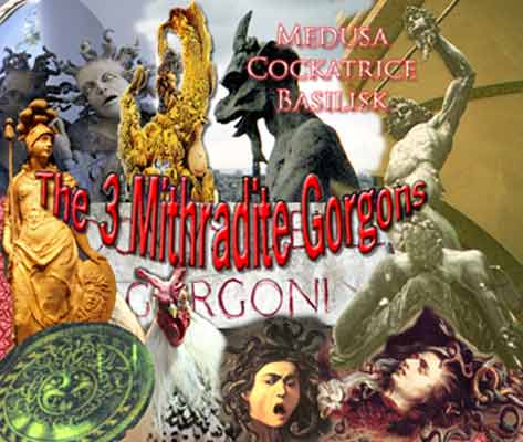 Collage featuring the 3 Mithradite gorgon, prepared by Jim McPherson, 2008