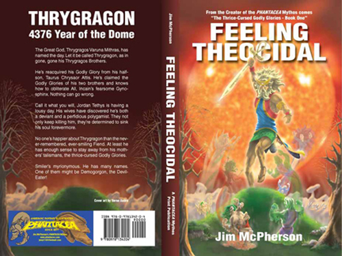 Full Cover for Feeling Theocidal, artwork by Verne Andru, 2008; rollover image is an earlier effort at creating a cover for the novel, collage prepared by Jim McPherson using only his own photographs, 2006