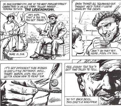 Jordan Tethys as he appeared in  4Ever + 40 Days, artwork by Ian Fry circa 1988